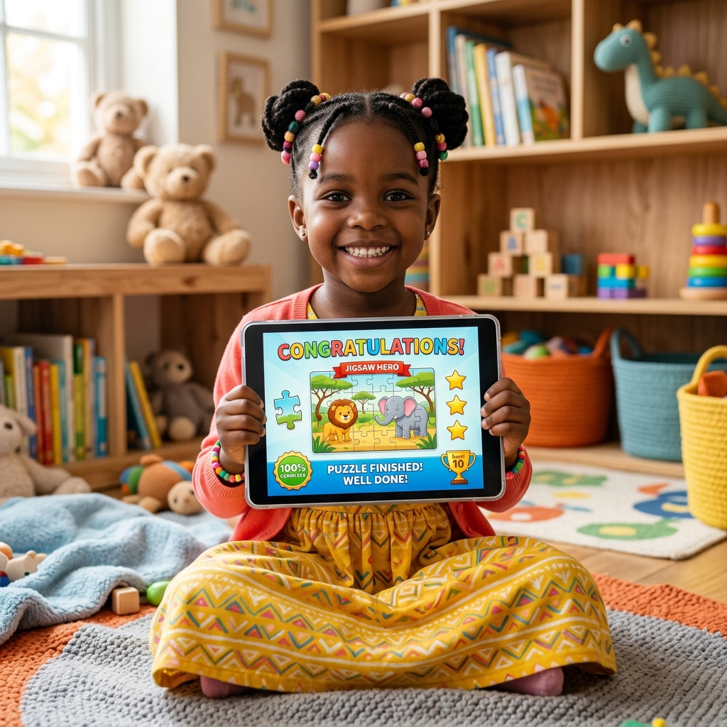 Young boy proud of shape-matching puzzle milestone on device