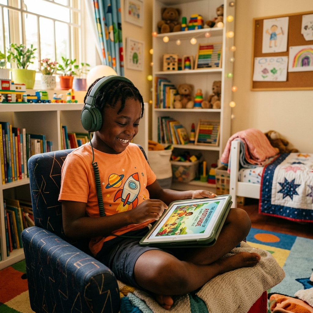 Young girl happily reading a digital storybook with sensory-friendly headphones