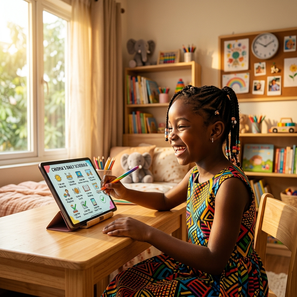 Happy child completing morning routine on a tablet